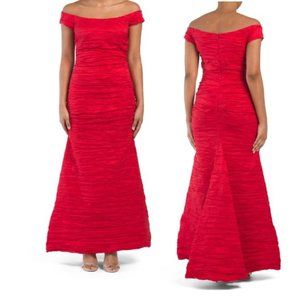 Alex Evenings RED Long Ruched Taffeta Off The Shoulder Fish Tail Sheath Dress